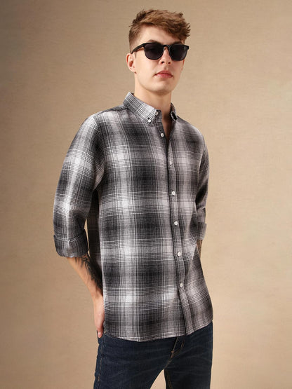 Dennis Lingo Men Black 100% Cotton Full Sleeve Button Down Collar Checks Shirts
