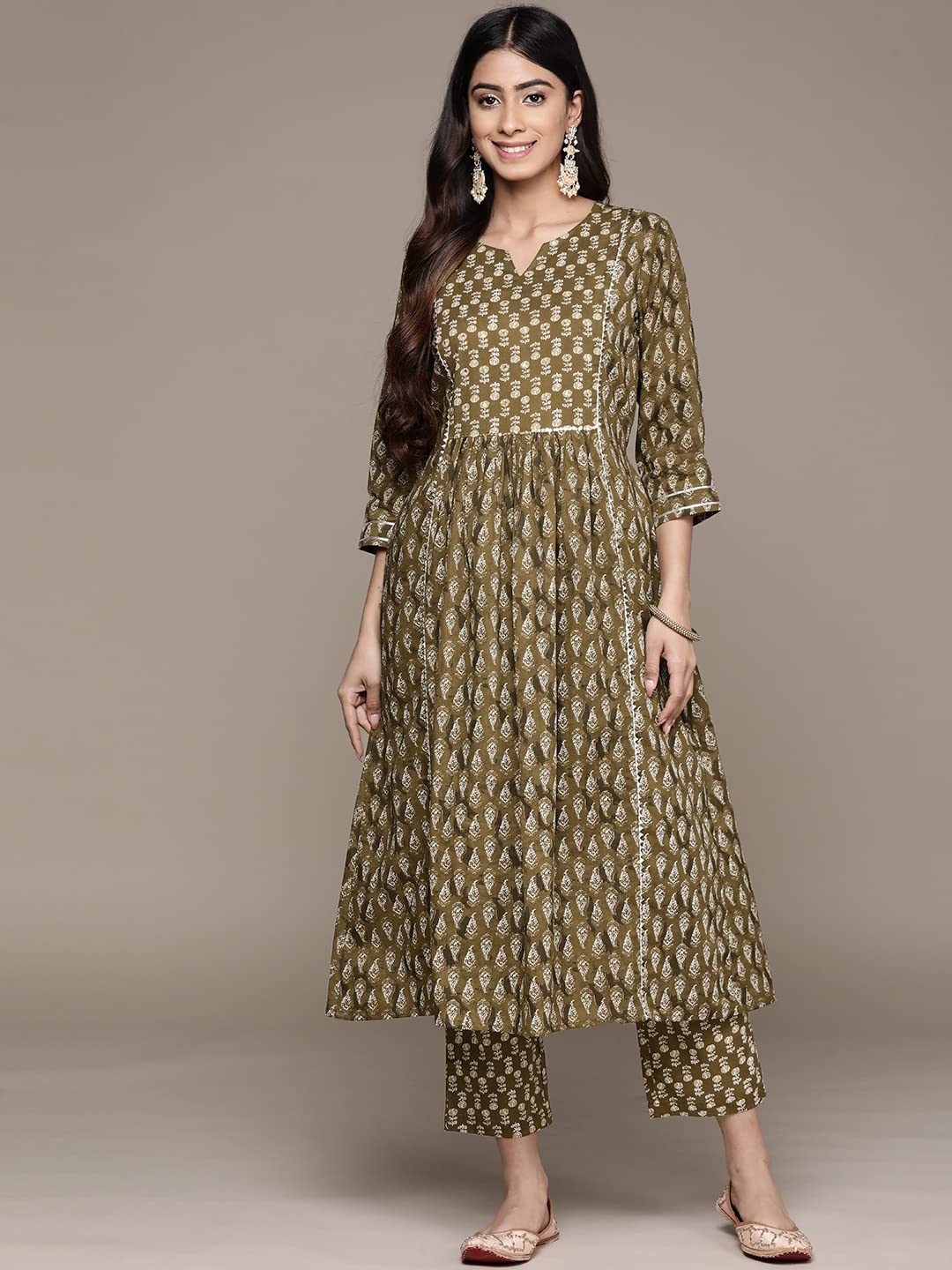 anubhutee Women's Cotton Green Gota Patti work Floral Printed A-Line Kurta Suit Set with Pants