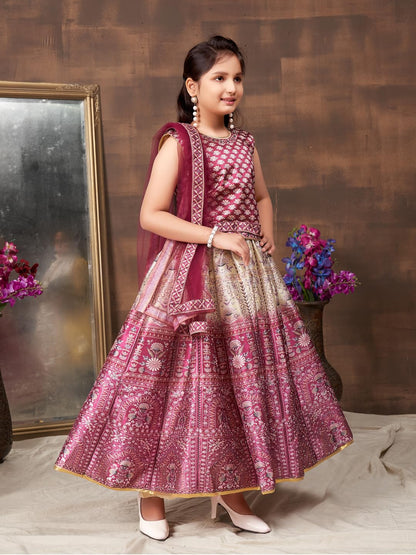 Aarika Girls Ethnic Wear Wine Colour Floral Print Embellished Stone Silk Lehenga Choli Set (5-11 Years)