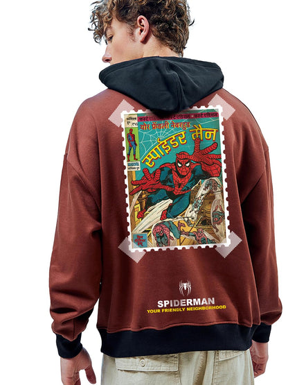 Bewakoof Official Marvel Merchandise Spider Man Mens Graphic Printed Oversized Fit Full Sleeve Fleece Hoodies_649950_Brown_XL