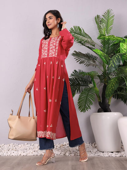 Varanga Women Thread Embroidered High Slit Kurta  Modern And Stylish Design With Intricate Detailing, Perfect For Effortless Eve