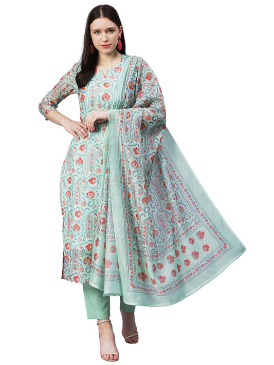 GoSriKi Women's Cotton Blend Printed Straight Kurta with Pant & Dupatta (Totara-GS)