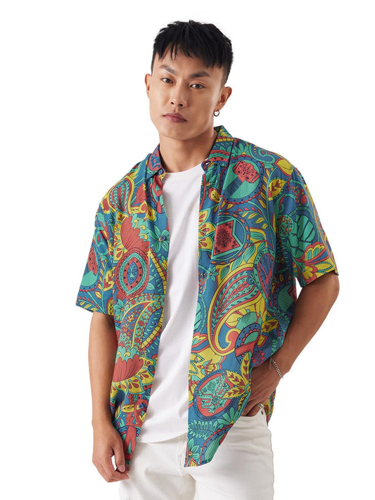 The Souled Store Official Marvel: Funk Men and Boys Regular fit Graphic Half Sleeve Rayon Multicolored Summer Shirts Shirt For M