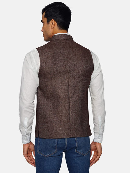 WINTAGE Mens Tweed Bandhgala Festive Nehru Jacket Waistcoat Brown