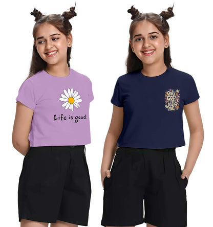 Kyda Kids 100% Cotton Crop Top For Girls - Printed Half Sleeve Stylish Tshirt, Regular Fit Tops For Girl - Pack Of 2