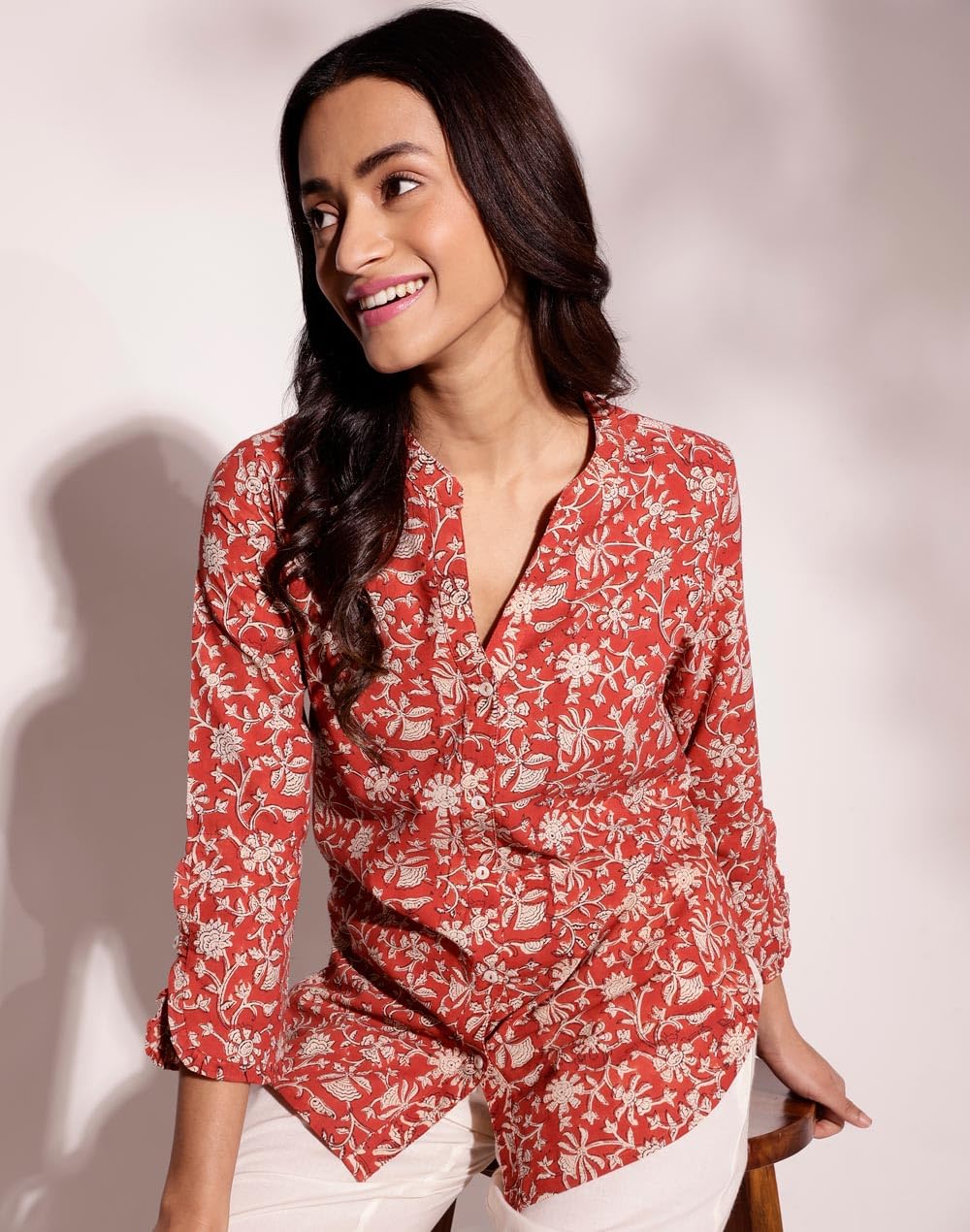 Fabindia WomenS Printed Regular Fit Shirt (1035769Red_Red