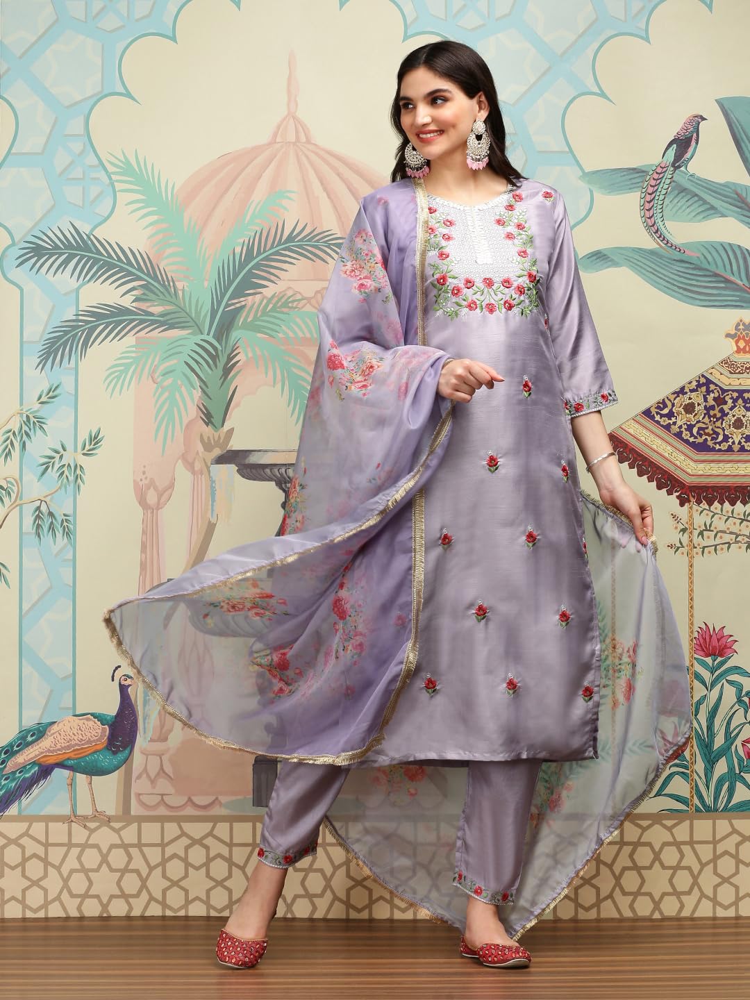ishin Floral Embroidered Thread Work Silk Chiffon Straight Kurta with Trousers & Dupatta | Kurta set for women | Kurta with trousers and dupatta