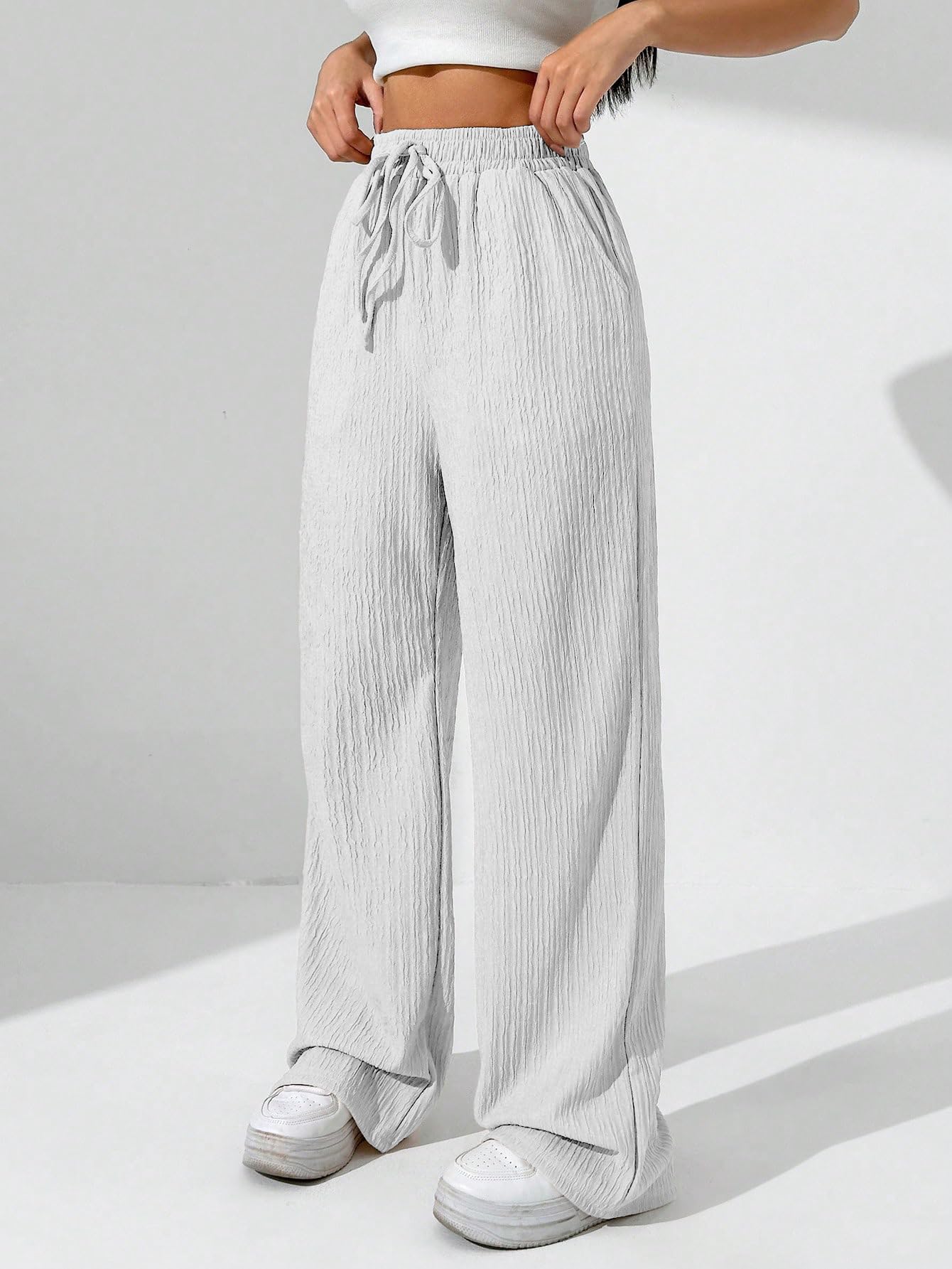 Sugathari Womens White Loose Wide-Leg Pants with Textured Wrinkled Fabric and Drawstring Waist Long Trousers (Trouser 157 White