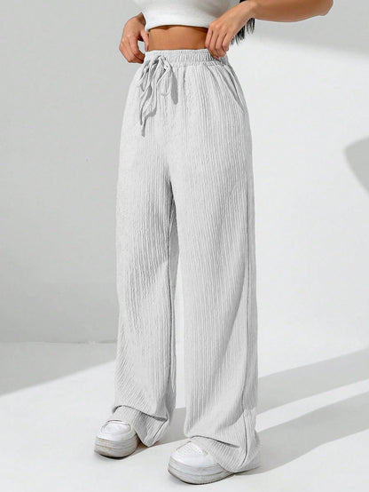 Sugathari Womens White Loose Wide-Leg Pants with Textured Wrinkled Fabric and Drawstring Waist Long Trousers (Trouser 157 White