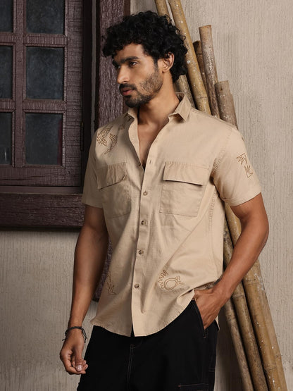 Thomas Scott Short Sleeve Double Pockets Self Printed Casual Shirts for Mens Khaki