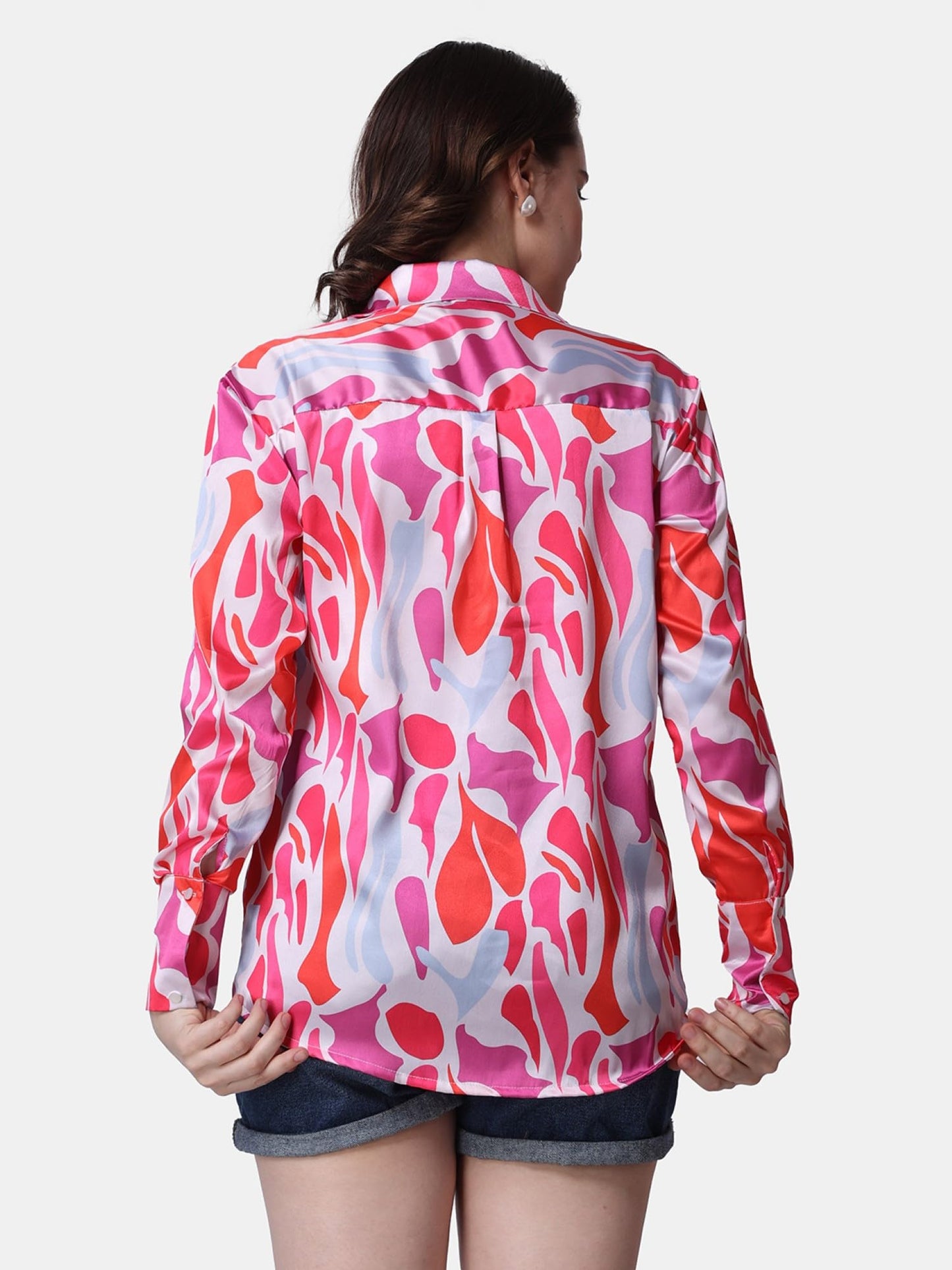 POPWINGS Printed Full-Sleeves Regular-Fit Satin Printed Shirt for Women Stylish Western Casual Wear Pink