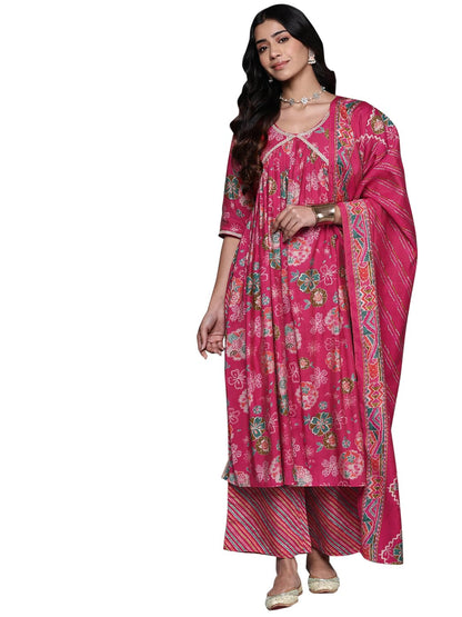 Libas Womens Printed Silk Blend A-Line Kurta With Palazzos And Dupatta