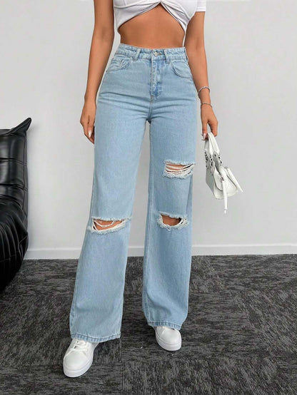 Kotty WomenS Cotton Blend Distressed Straight Fit Trendy Ripped Denim Jeans(Blue,28)