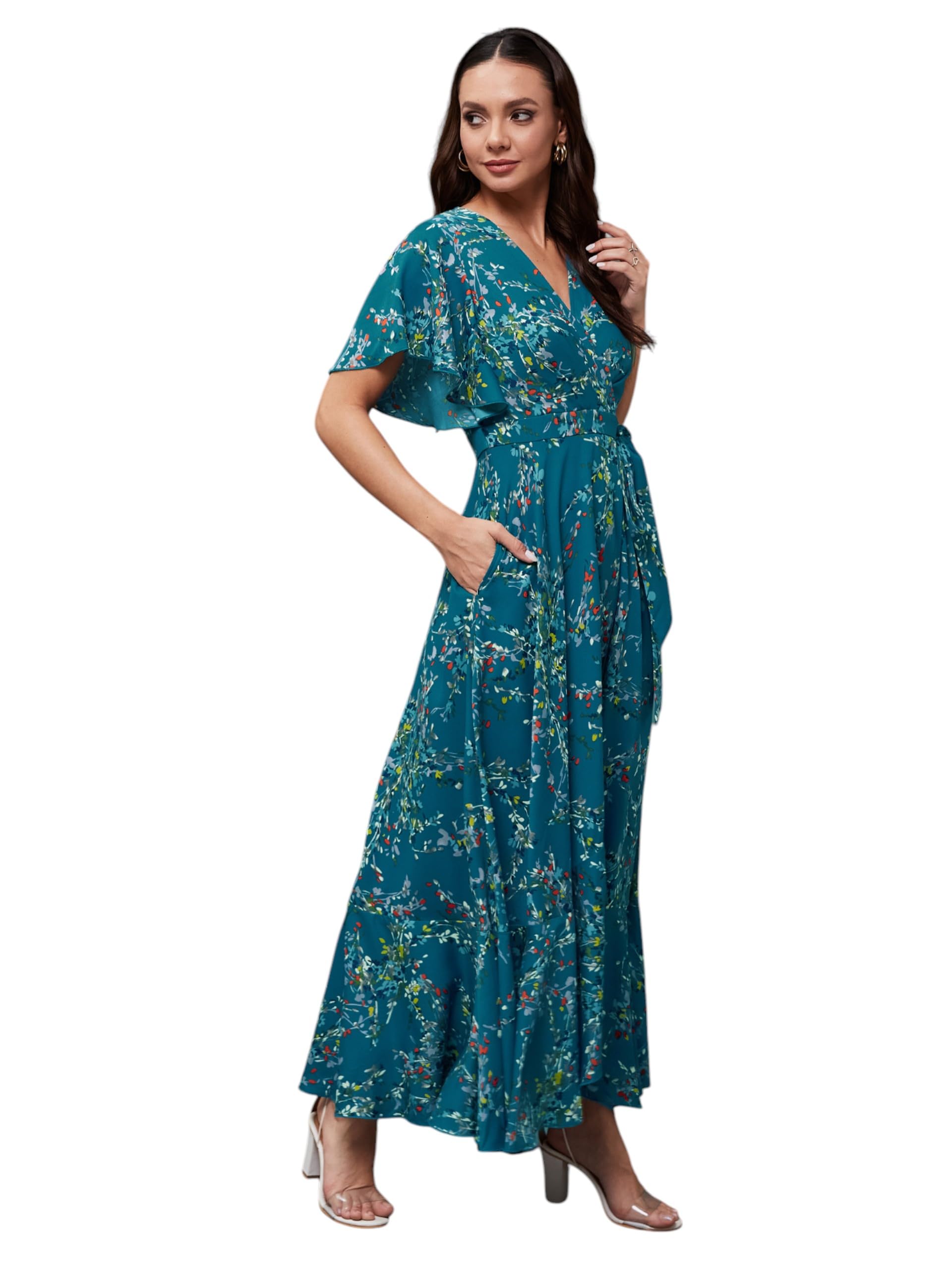 Miss Chase Womens V-Neck Half Sleeve Floral Wrap Crepe Maxi Dress (MCSS25D93-23-176-03, Multicolored Base Turquoise, S)