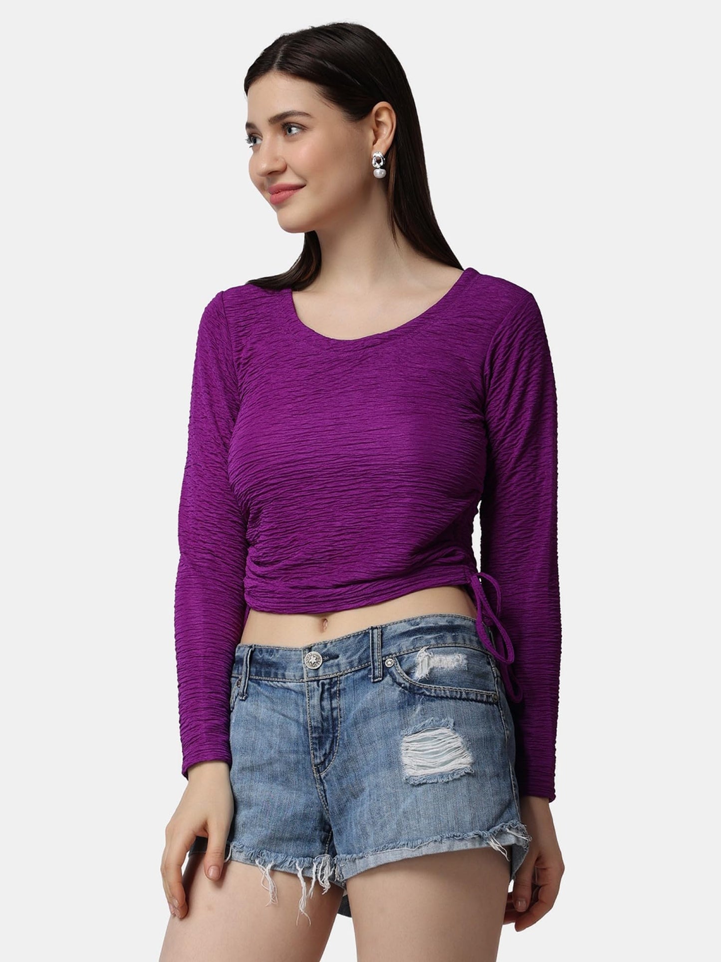 POPWINGS Casual Self Design Regular Fit Polyester Full Sleeves Crop Tops for Women with Crush String Purple
