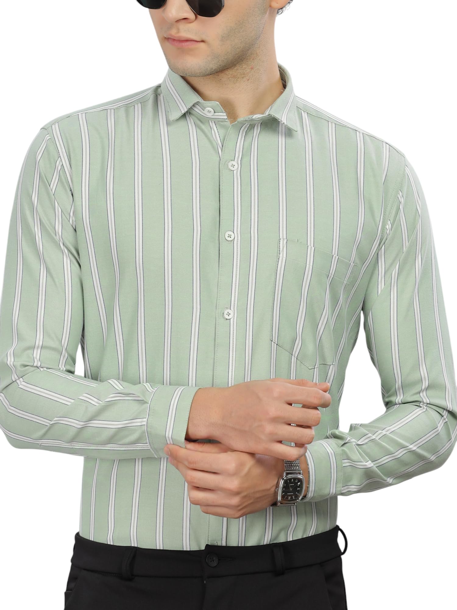 Mildin MenS Pure Cotton Striped Printed Shirt With Spread Collared Neck Full Sleeve Curved Hemline Button Closure And Regular F