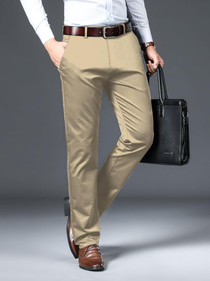 AVANOVA Mens Solid Khakhi Mid Rise Trousers Light Business Style Slightly Stretch Straight Leg Pants for Outdoor Casual Daily T