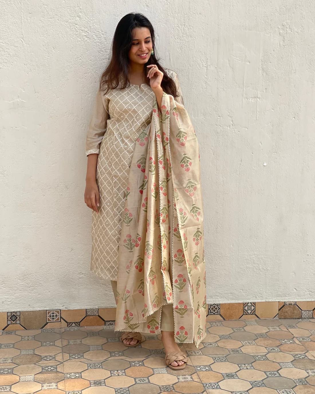 GoSriKi Womens Cotton Blend Embroidered Straight Kurta with Pant & Dupatta (MYSURU-Cream_M-GS_Cream_Medium)