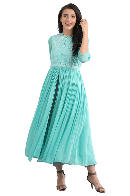 Aurelia Women's Polyester Blue Round Neck Flared Dress Ankle Length