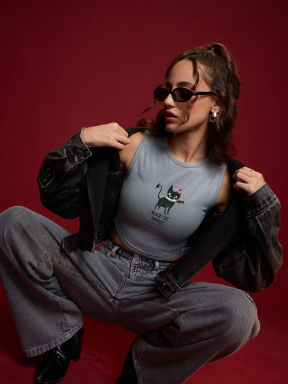 The Souled Store Tank Top: Black Cat Energy Women and Girls Round Neck Sleeveless Grey Embroidered Cotton Blend Slim Fit Tank To