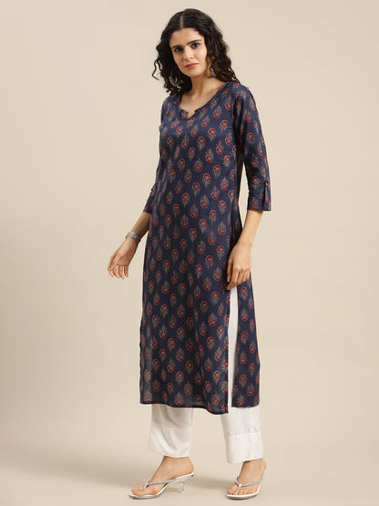 Varanga Women Navy Blue Ethnic Motifs Straight Kurta  Round Neckline With V Notch, 3/4Th Sleeves, Side Slit, Printed Design, Com