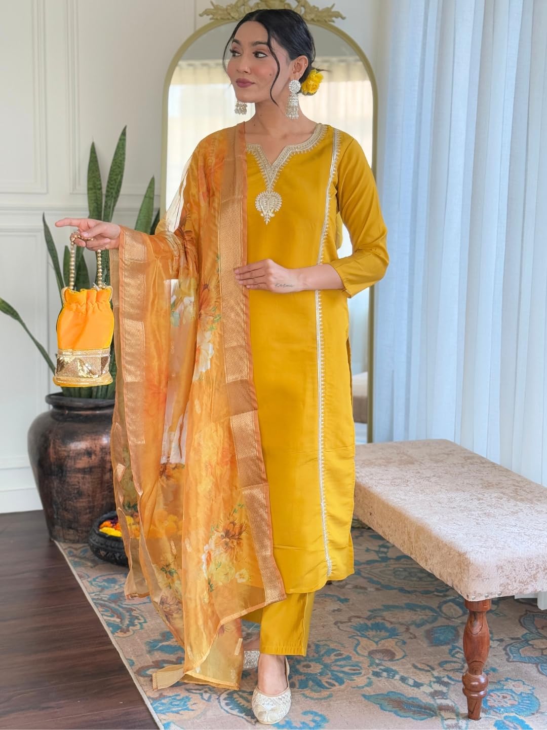 Naixa WomenS Yellow Chanderi Viscose With Full Inner Embroidered Straight Kurta With Chanderi Viscose With Full Inner Pant And