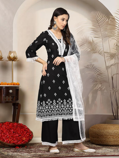 Stylum WomenS Black Ethnic Printed Rayon A-Line Kurta Palazzo Dupatta Set