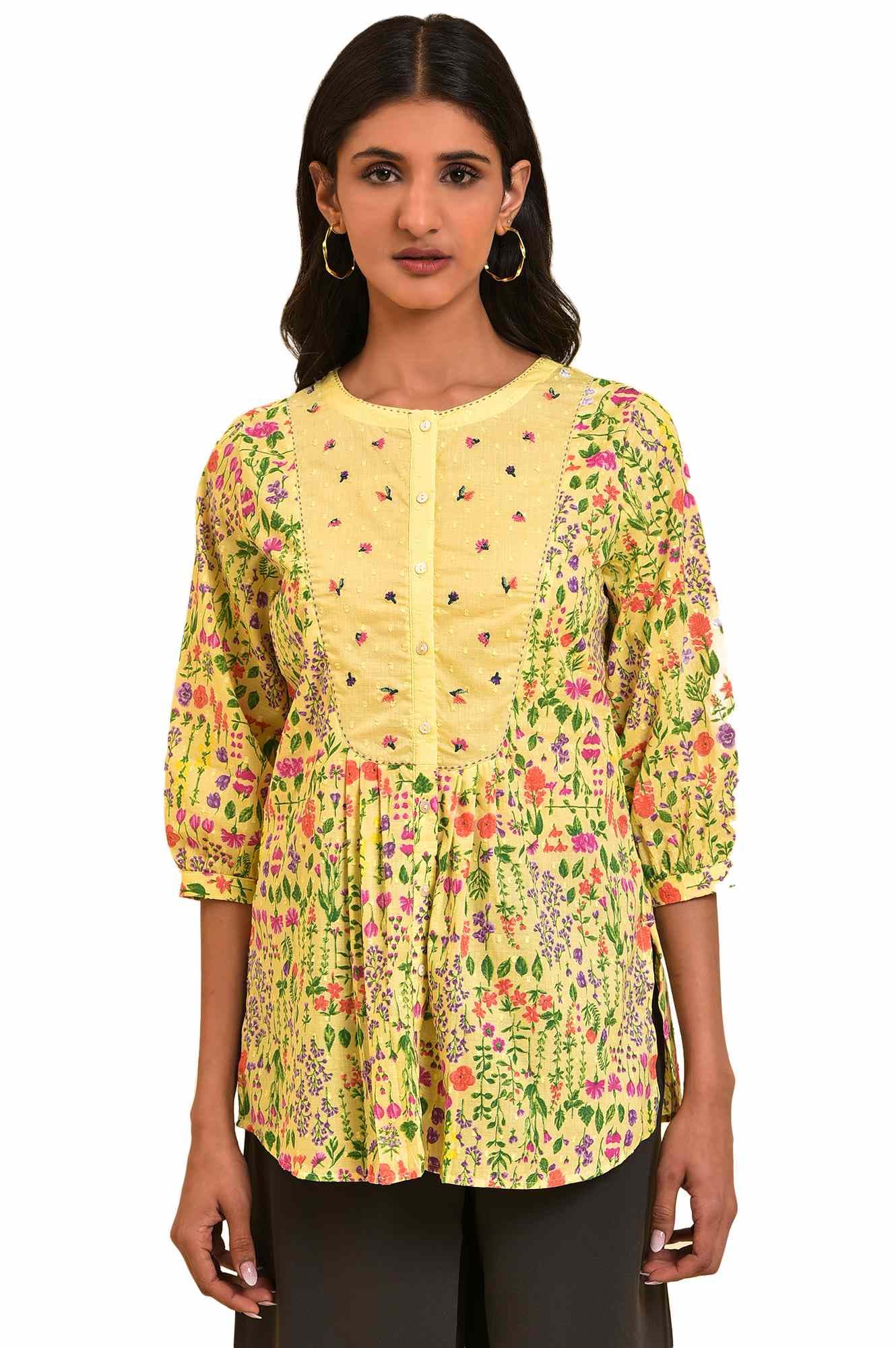 W For Woman Yellow Cotton Floral Printed Tunic Top With Thread Embroidery