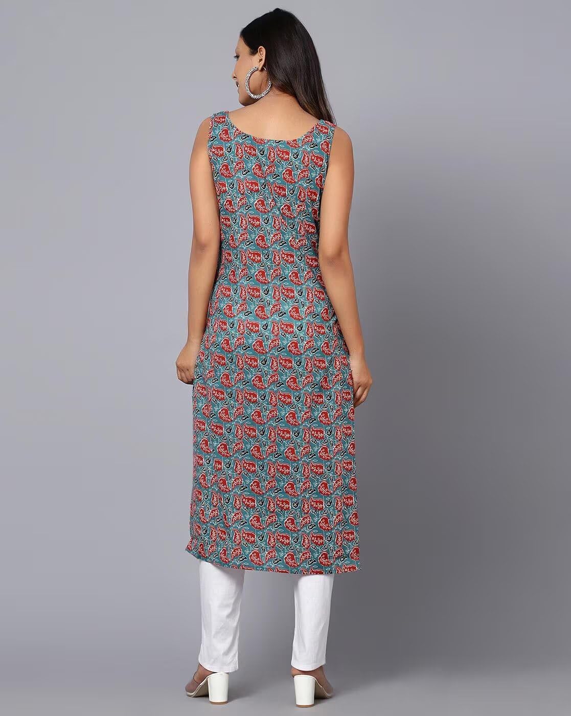 PATLANI Womens Cotton BLENED Sleeveless Printed Full Stitched Kurti.(k-199) Grey