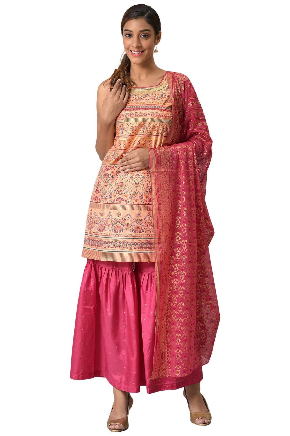 Peach Foil Printed Sleeveless Kurta With Pink Sharara And Dupatta