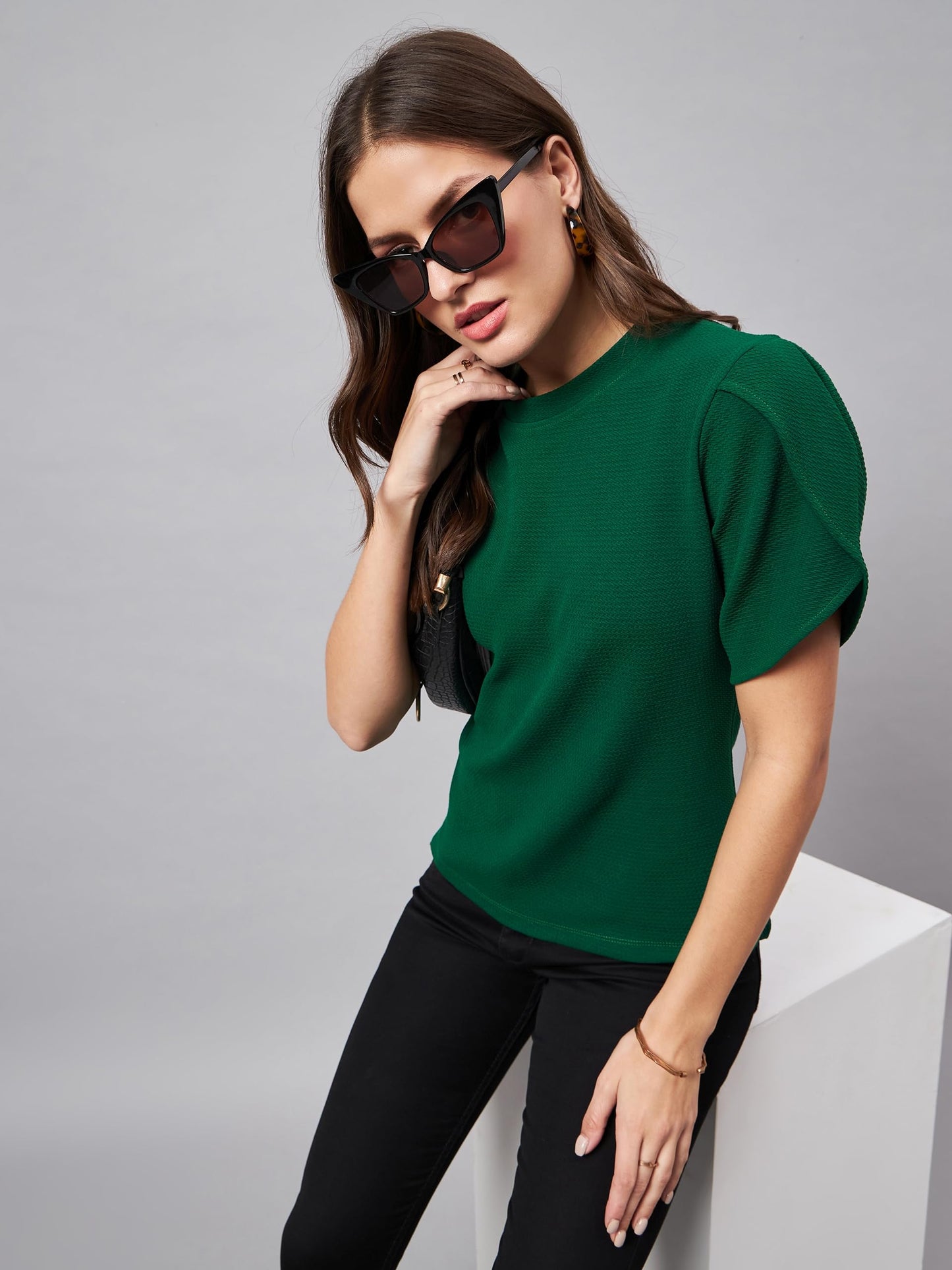 Style Quotient Women Solid Emerald Green Poly Knit Smart Casual Regular Top