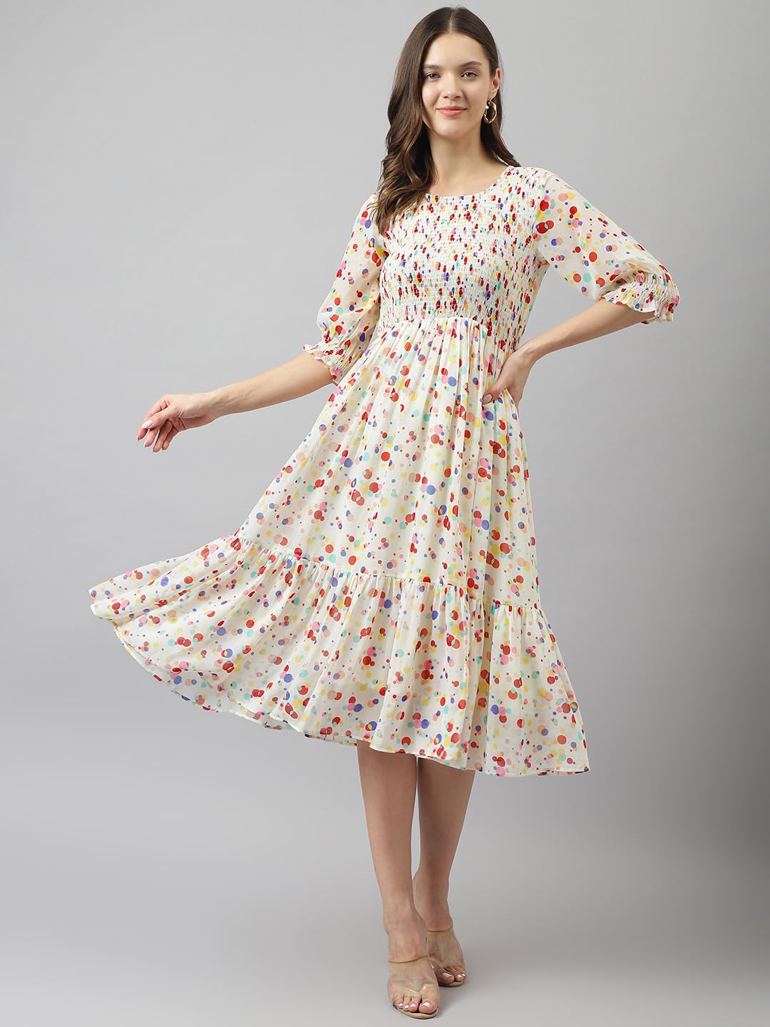 Toochki WomenS White Georgette Polka Dot Tiered Western Midi Length A Line Kurti Suitable In Summer Wear Western Latest Trendy