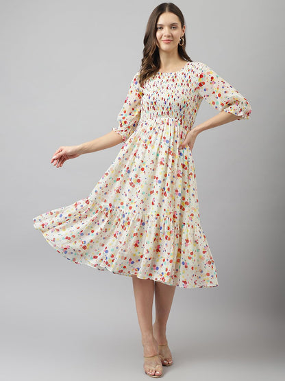 Toochki WomenS White Georgette Polka Dot Tiered Western Midi Length A Line Kurti Suitable In Summer Wear Western Latest Trendy