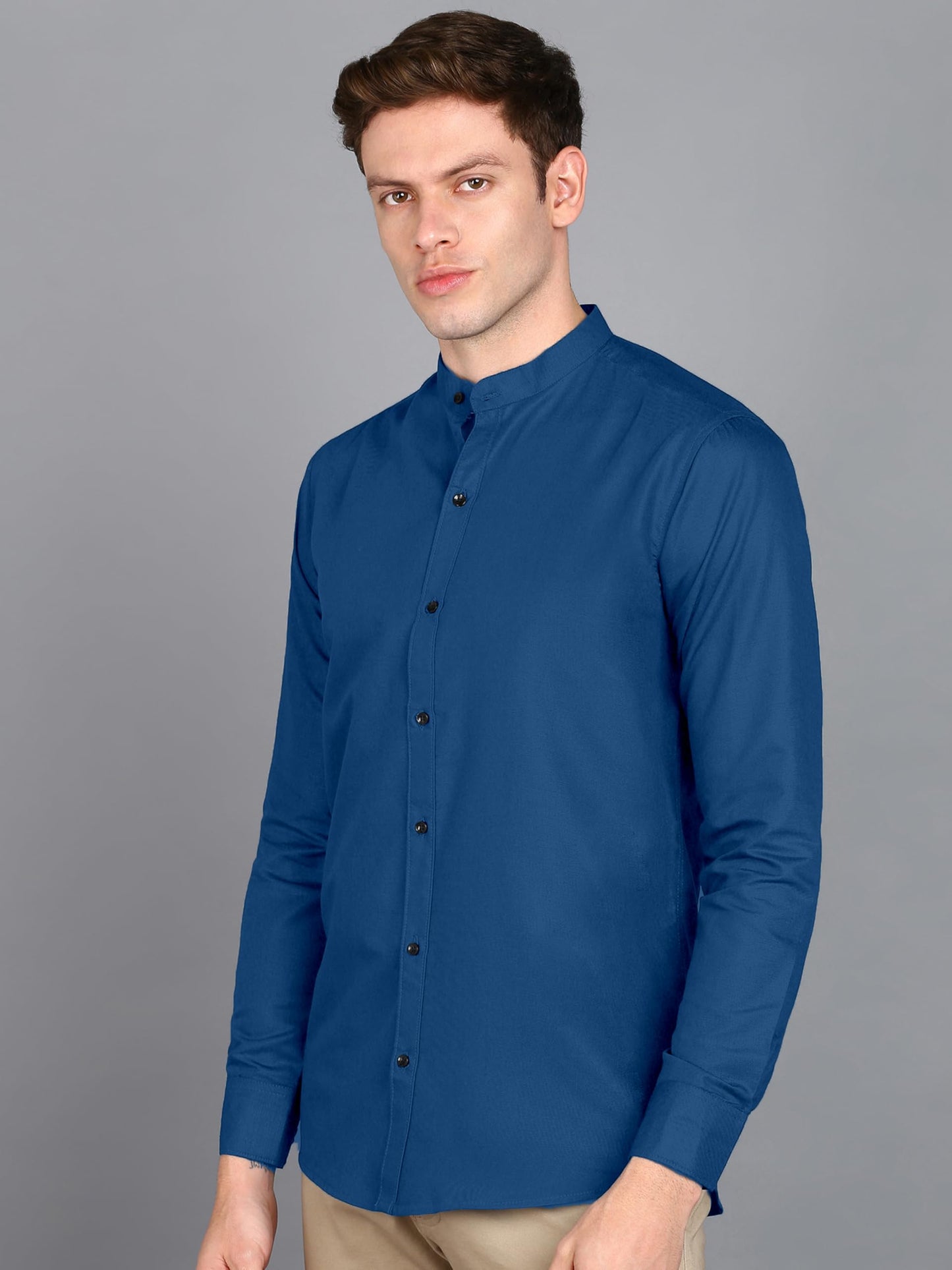 Mildin MenS Regular Cotton Blend Blue Slim Fit Solid Button Down Mandarin Chinese Collar Full Sleeve Curved Hemline Casual Shir