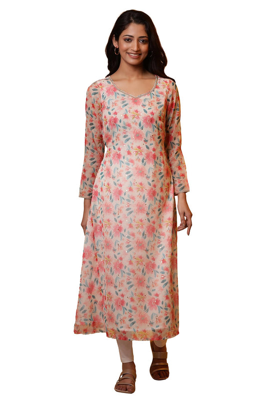 Aurelia Women? Floral Printed Lace Straight Kurta | Sweatheart Neck Kurta for Women | Floral Printed Kurta for Women | Beautiful Regular Fit Kurta for Women