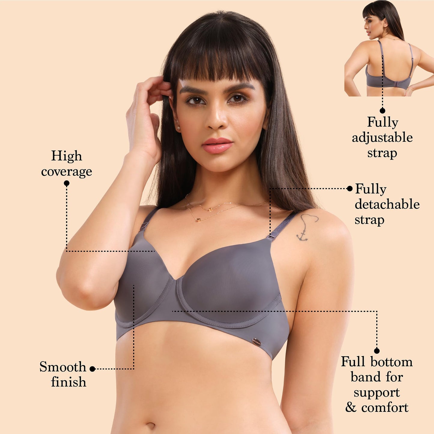 Enamor Womens Nylon Blend Lightly Padded Underwire High Coverage Bra Blue