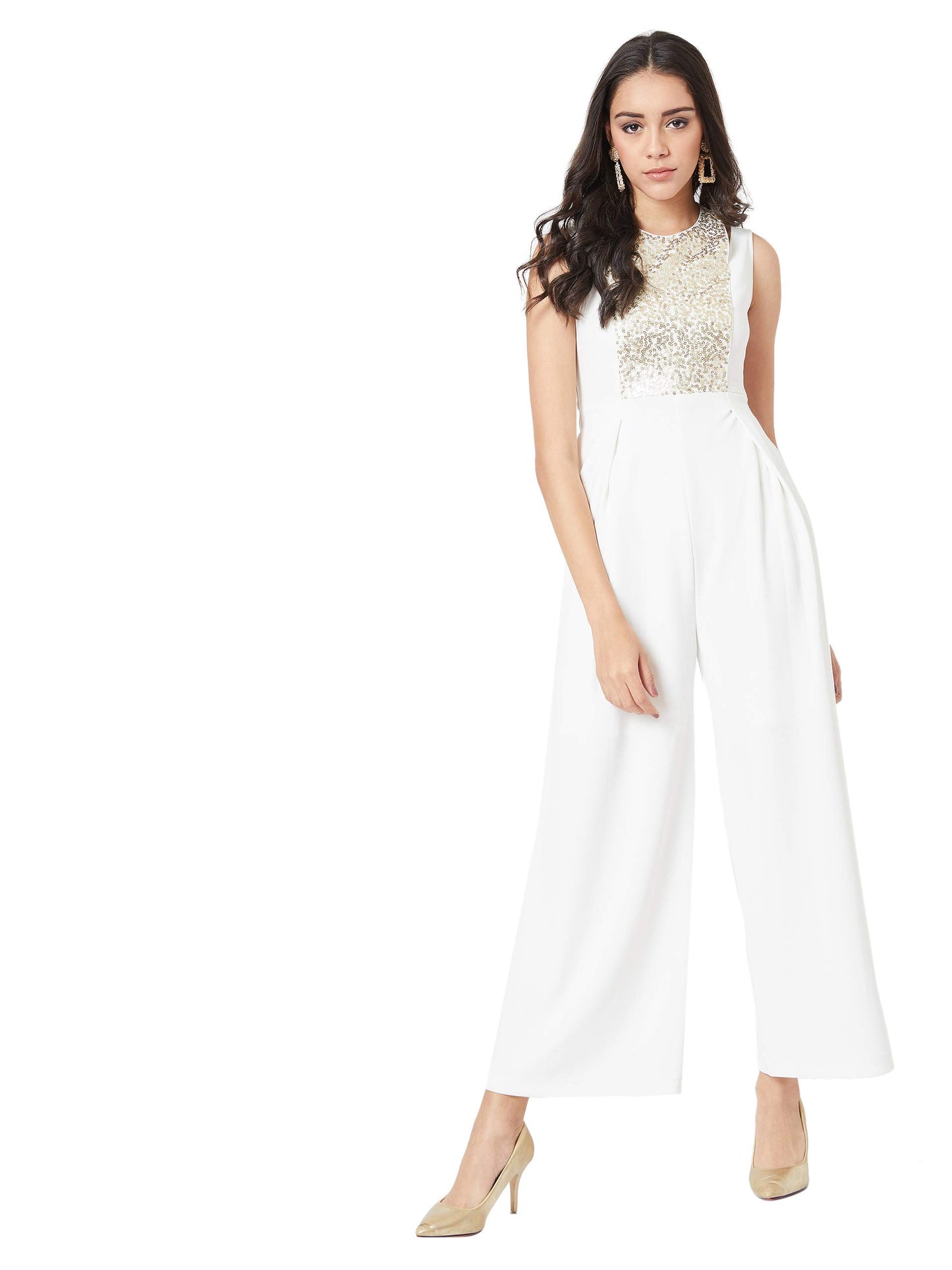 Miss Chase WomenS Halter Neck Sleeveless Solid Pleated Regular Length Sequins Paneled Jumpsuit With Pockets (Mcaw19D08-50-114-0