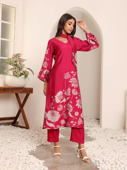 Varanga Women Fuchsia Pink Floral Printed Gota Detail Flared Sleeve Kurta With Solid Trouser  Stylish Ethnic Set