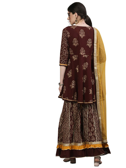 ishin Women's Cotton Brown Embellished Peplum Kurta Sharara Dupatta Set