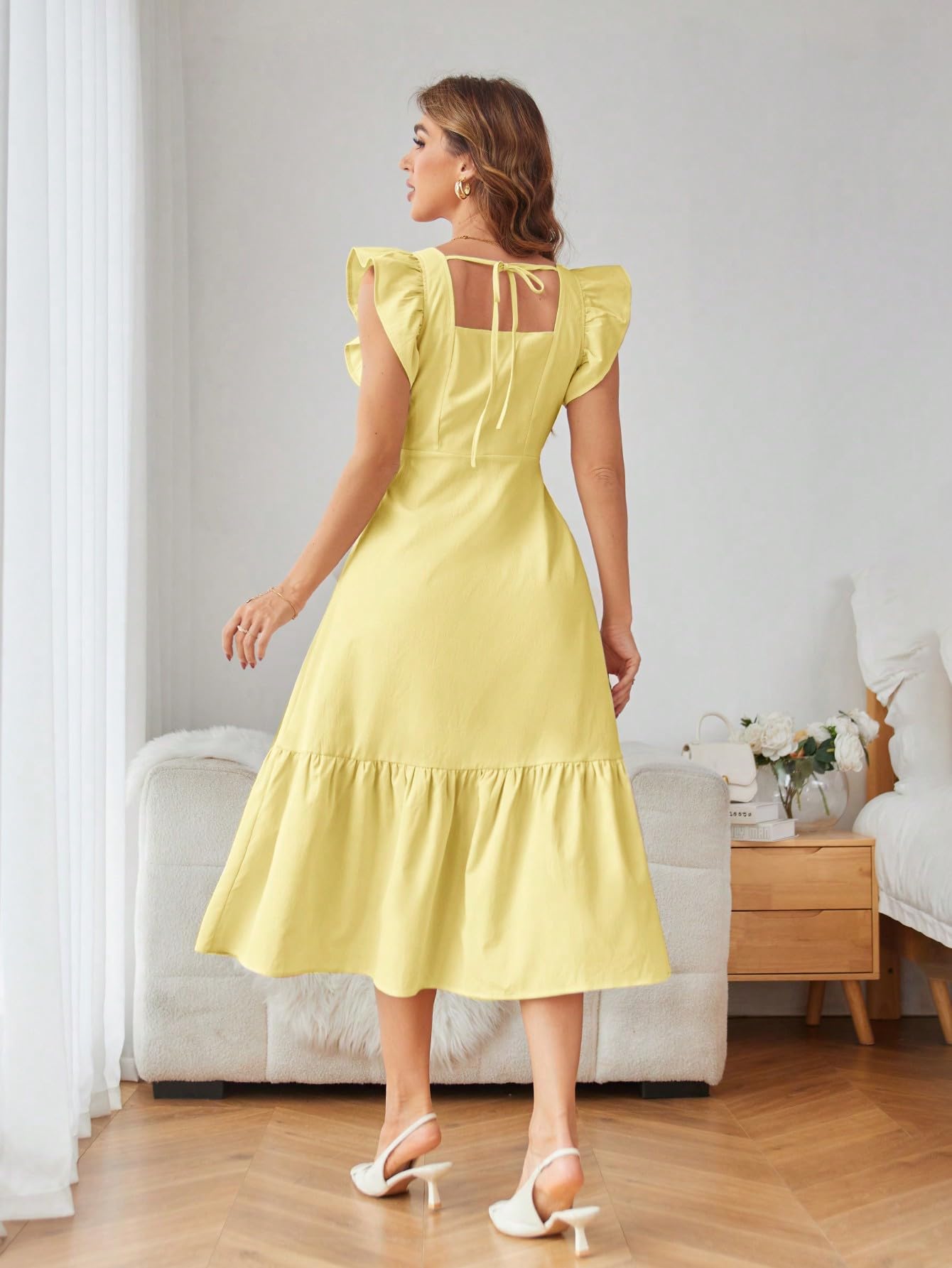 Shasmi GirlS & WomenS Solid Yellow Color Square Neck, Ruffle-Trimmed Hem Sleeveless, Ruffle Armhole And Casual Dress With Cinc