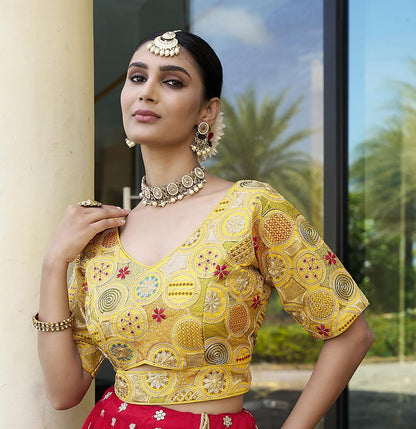 Pujia Mills WomenS Blouse Readymade Blouse Embroidery Multi Coding Gold Thread Blouses Handwork Yellow Color Readymade Saree Bl
