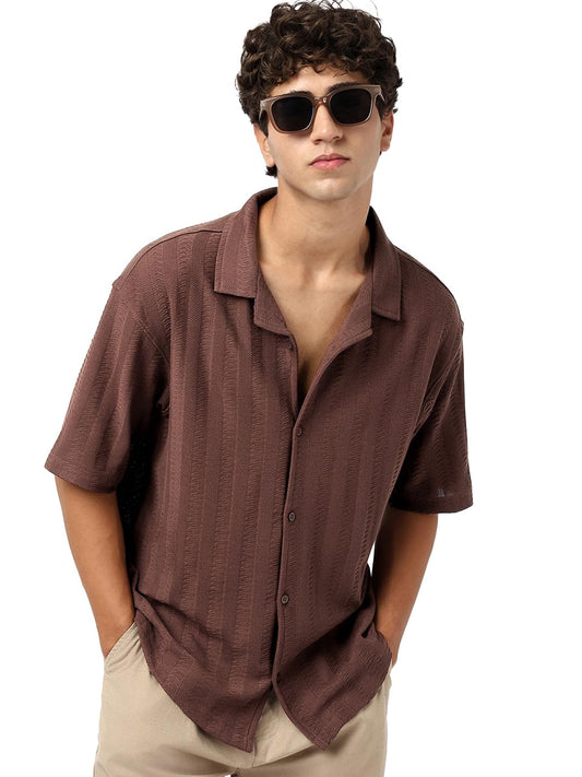 Bewakoof Mens Textured Oversized Fit Half Sleeve Resort Collar Jacquard Shirt_684266_Brown_XL