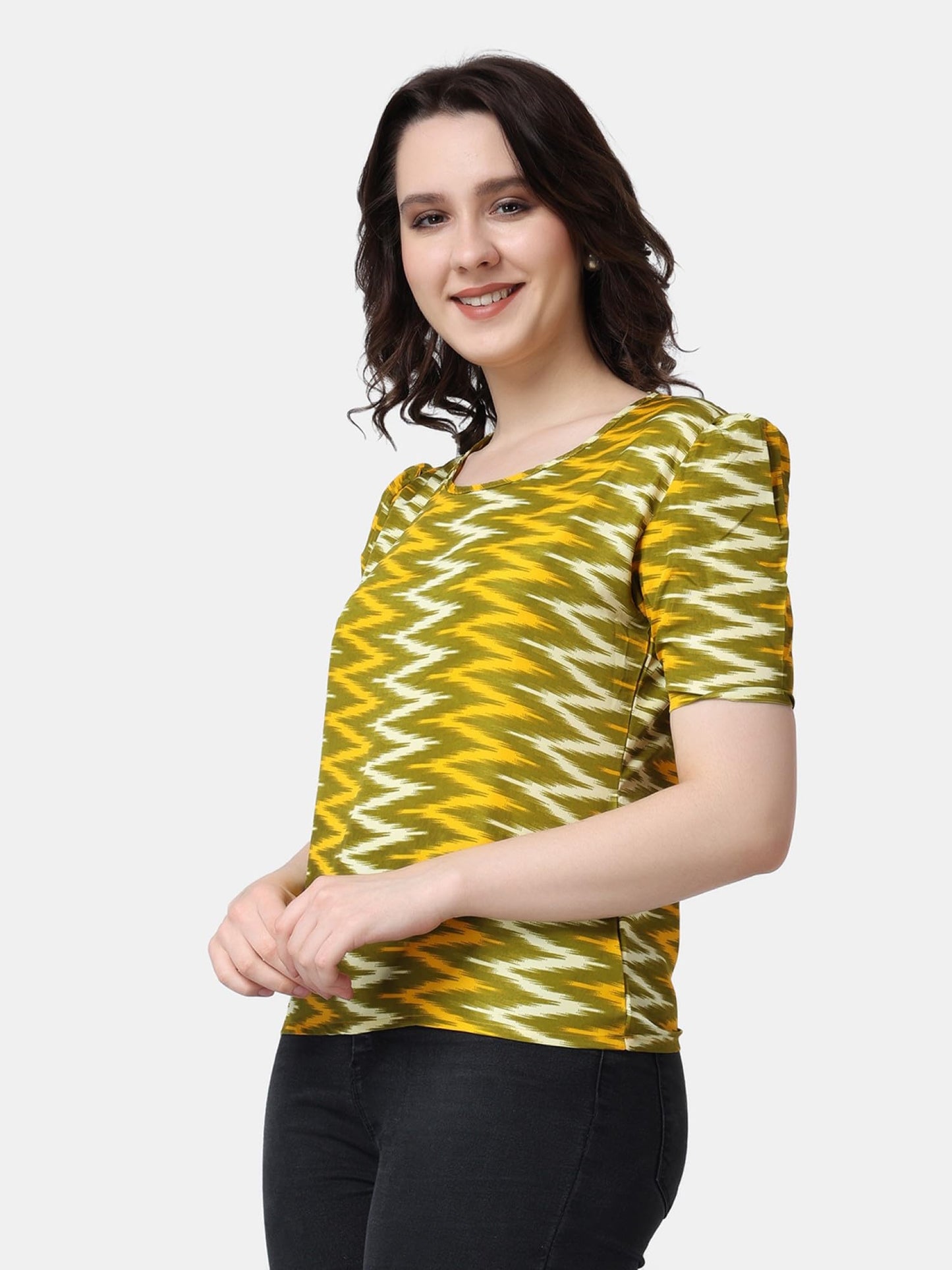 POPWINGS Casual Printed Puff Sleeves Round Neck Top for Women || Stylish Latest Summer Tops for Women || Hip-Length Women Top Ye