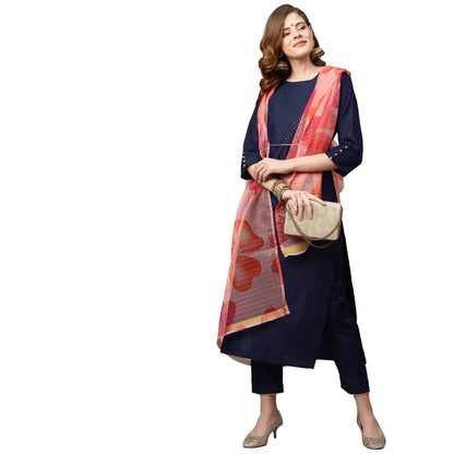 GoSriKi Women's Cotton Blend Straight Solid Kurta with Pant & Dupatta (Jhony-GO)