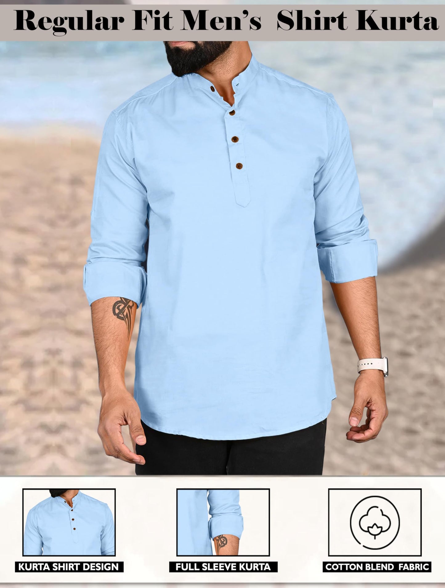 Royalscout MenS Cotton Polyester Blend Solid Regular Fit Full Sleeve Short Kurta Sky