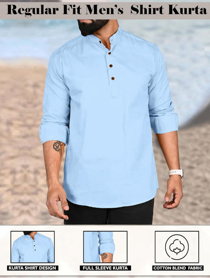 Royalscout MenS Cotton Polyester Blend Solid Regular Fit Full Sleeve Short Kurta Sky