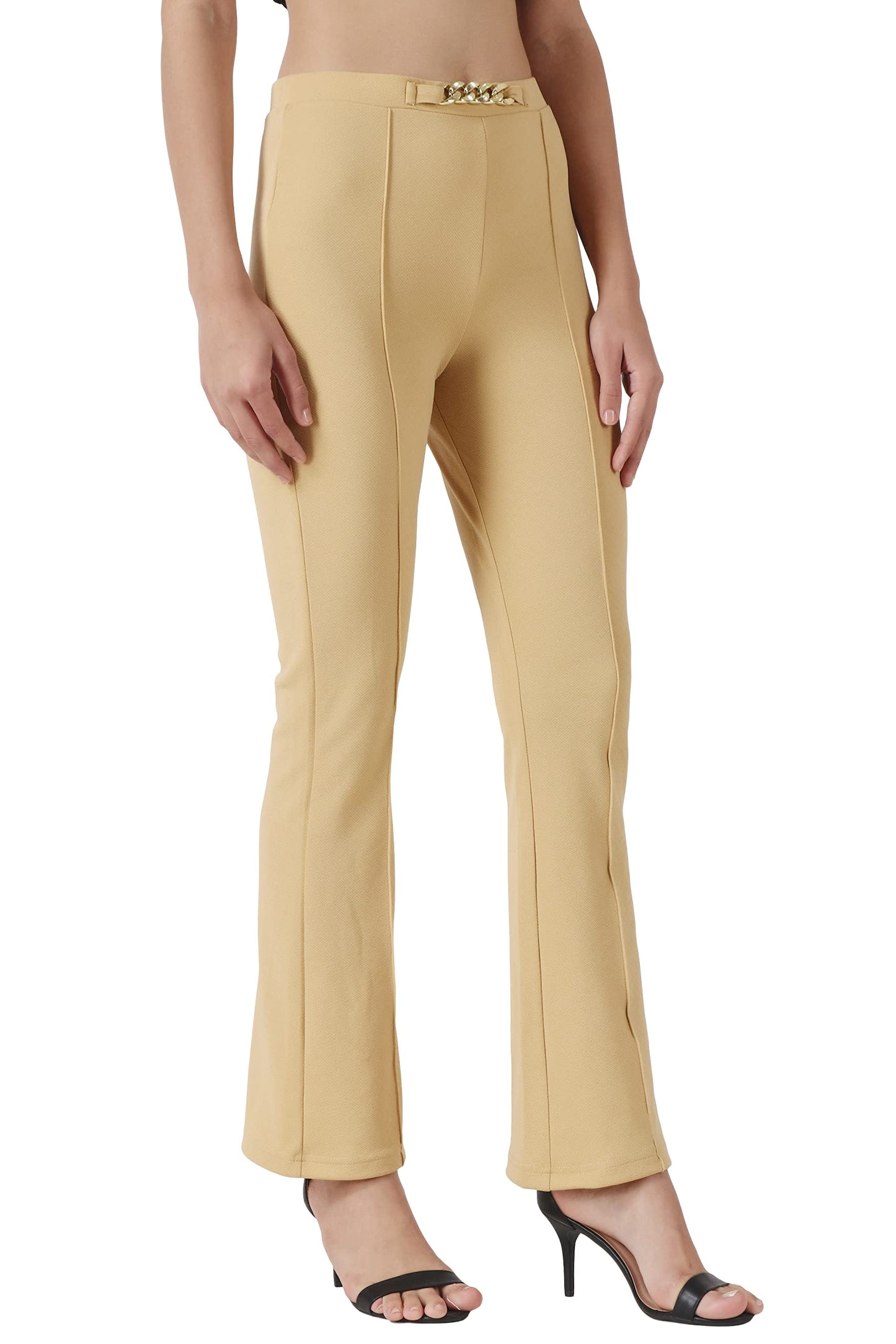 POPWINGS Solid Full-Length Polyester Regular-Fit Trouser Pants for Women for Casual and Semi Formal Wear Golden Skin
