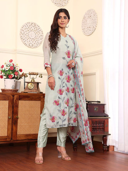 Varanga Women Aqua Blue Thread Embroidered Straight Kurta Set With Printed Dupatta