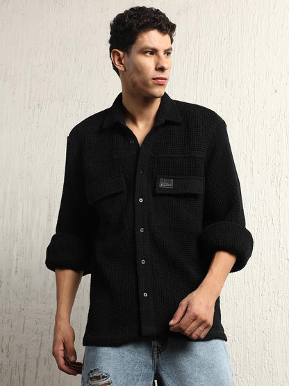 Hubberholme Men Summer Cotton Spread Collar Long Sleeves Oversized Casual Shirt 23 Black