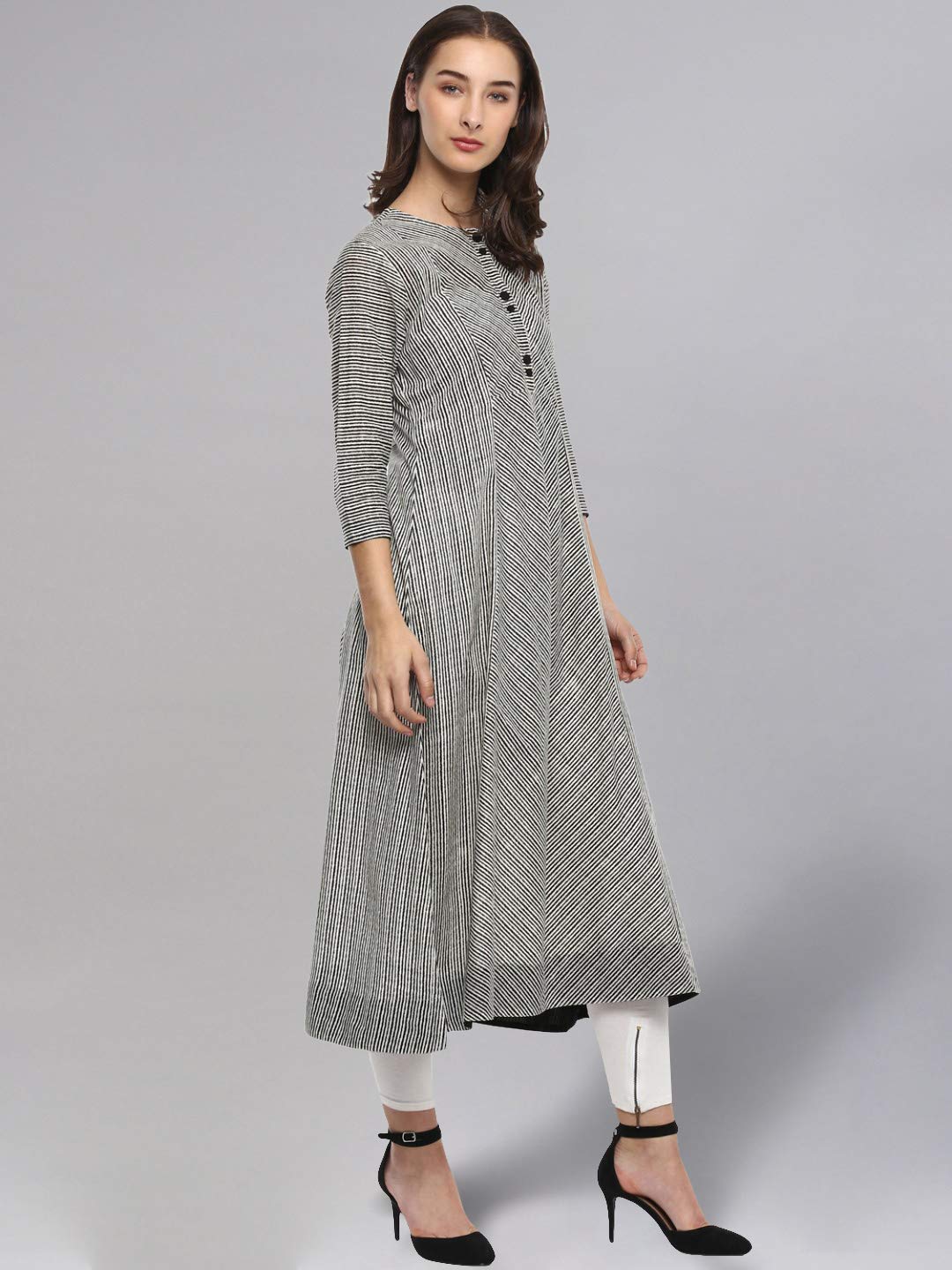 Idalia Striped 3/4 Sleeve,Round Neck Cotton Flared Kurtas For Women Black